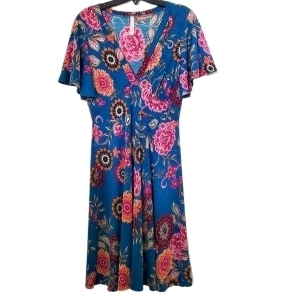 Gilli Stitch Fix Women's Blue Floral V-Neck Stretch‎ Jersey Short Sleeve Dress